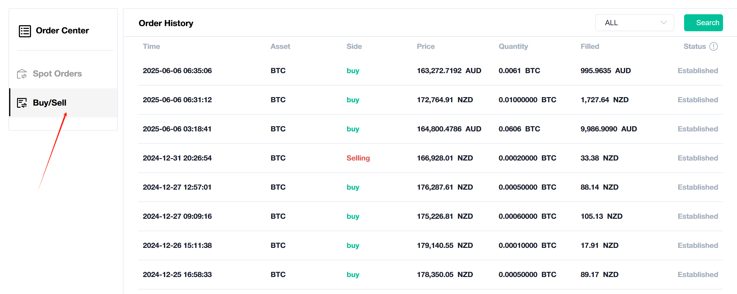 Order history tabs on web