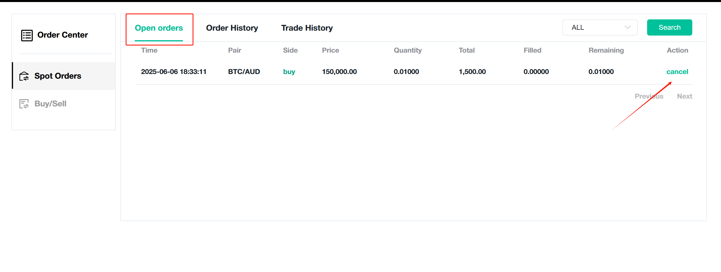 Cancel open orders on web