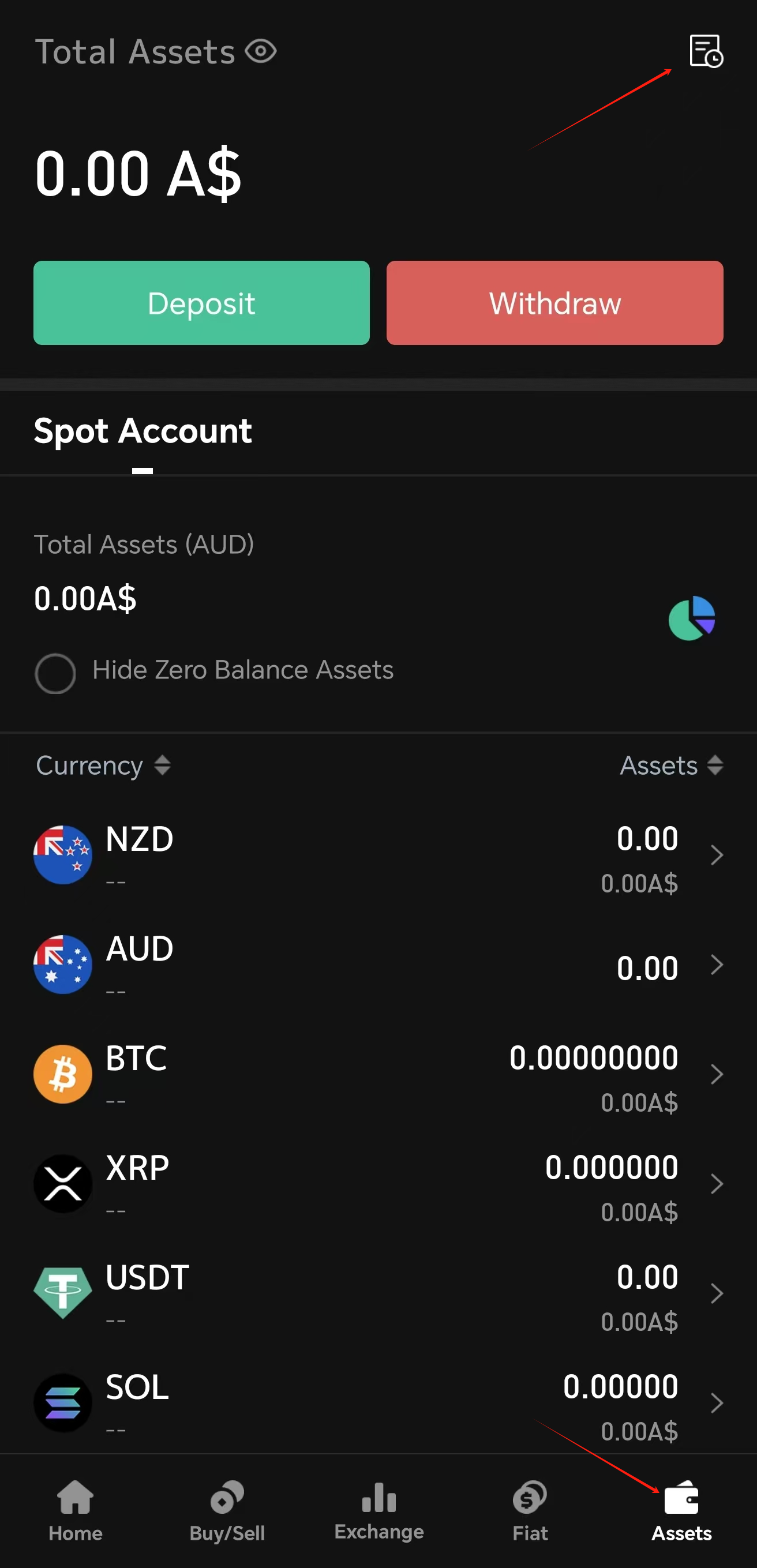 Select transaction history from assets page