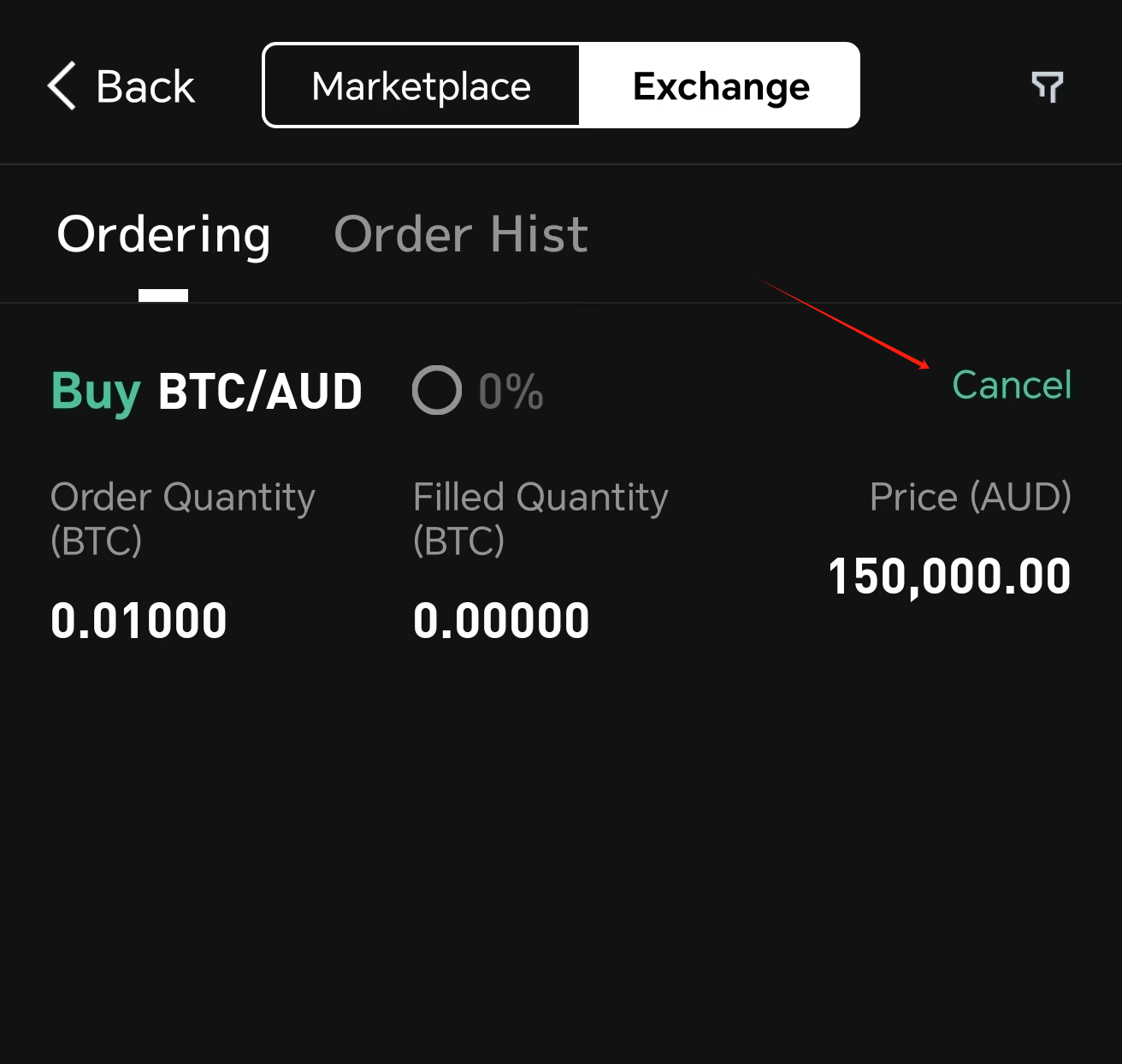 Cancel open order in app