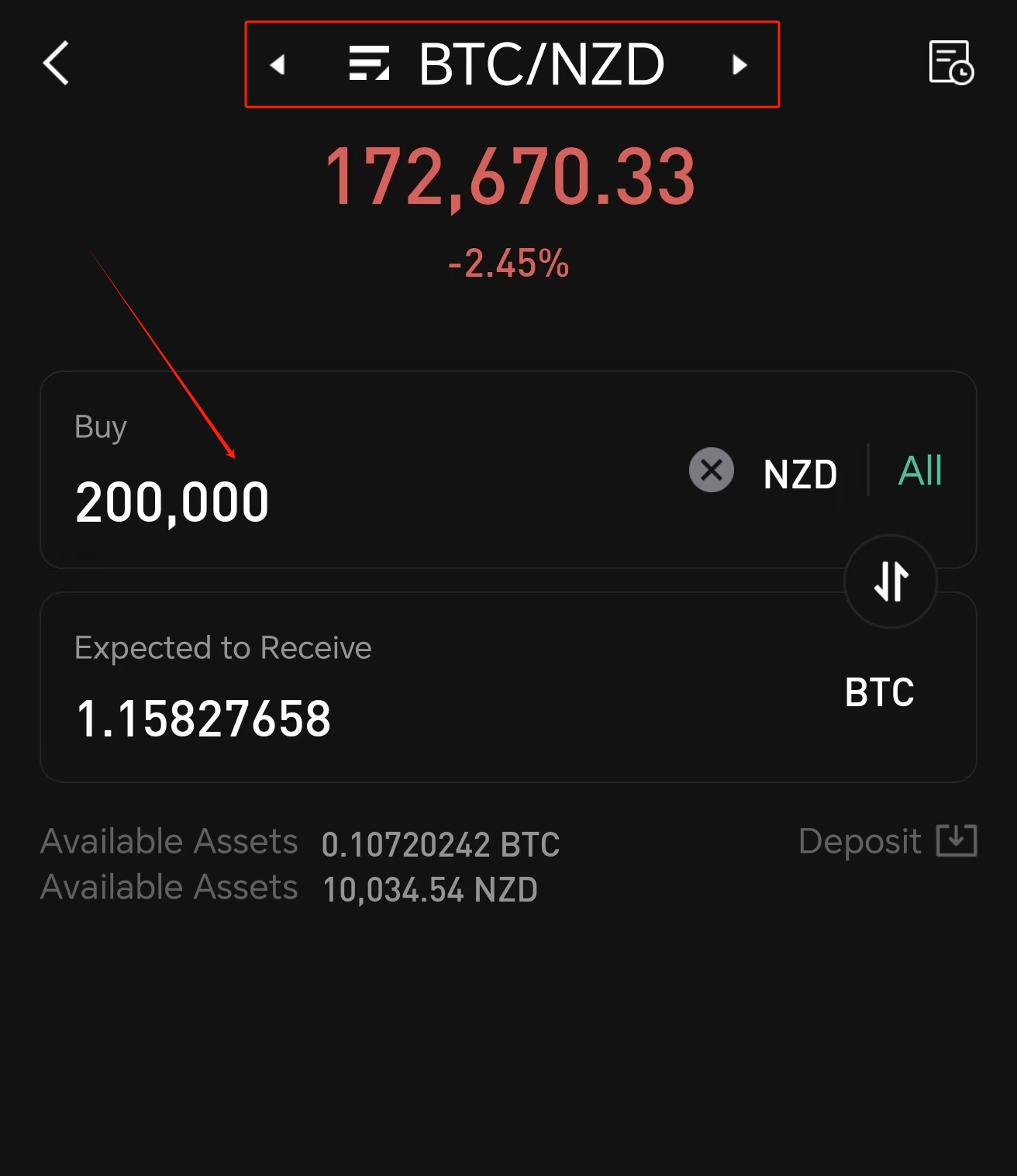 Select BTC/NZD