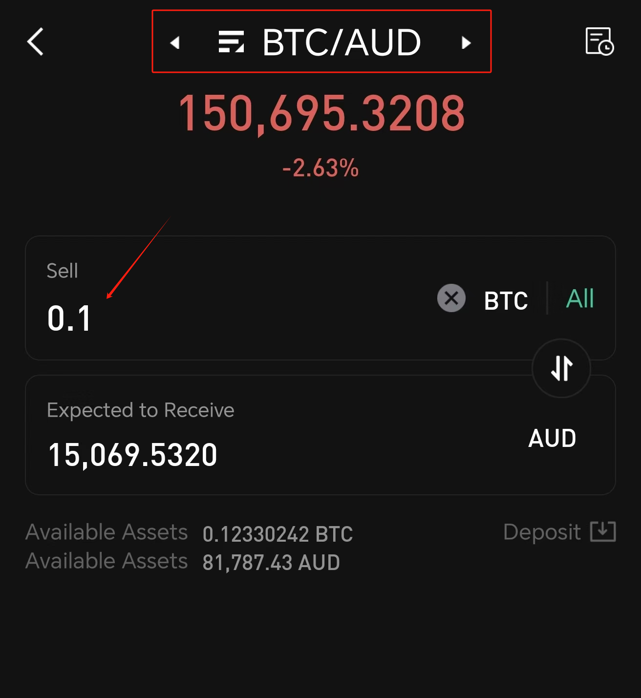 Sell crypto input BTC/AUD